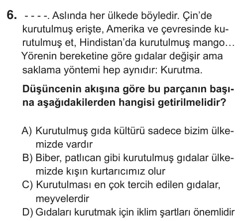 7. Sınıf Türkçe 2019 İOKBS Bursluluk Sınavı 6. Soru görseli