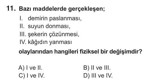 8. Sınıf Fen Bilimleri 2019 İOKBS Bursluluk Sınavı 11. Soru görseli