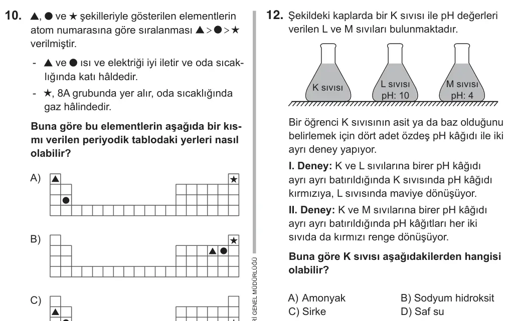 8. Sınıf Fen Bilimleri 2019 İOKBS Bursluluk Sınavı 12. Soru görseli