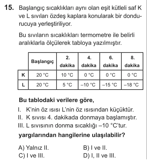 8. Sınıf Fen Bilimleri 2019 İOKBS Bursluluk Sınavı 15. Soru görseli