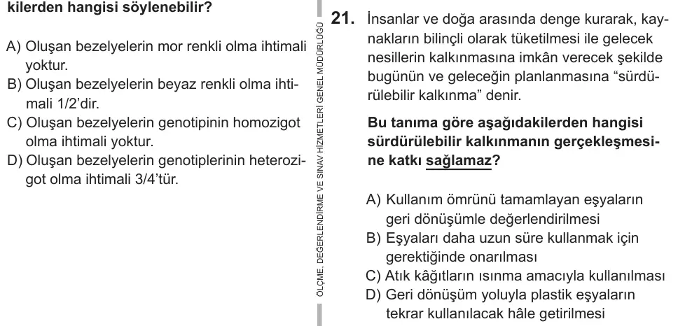 8. Sınıf Fen Bilimleri 2019 İOKBS Bursluluk Sınavı 21. Soru görseli