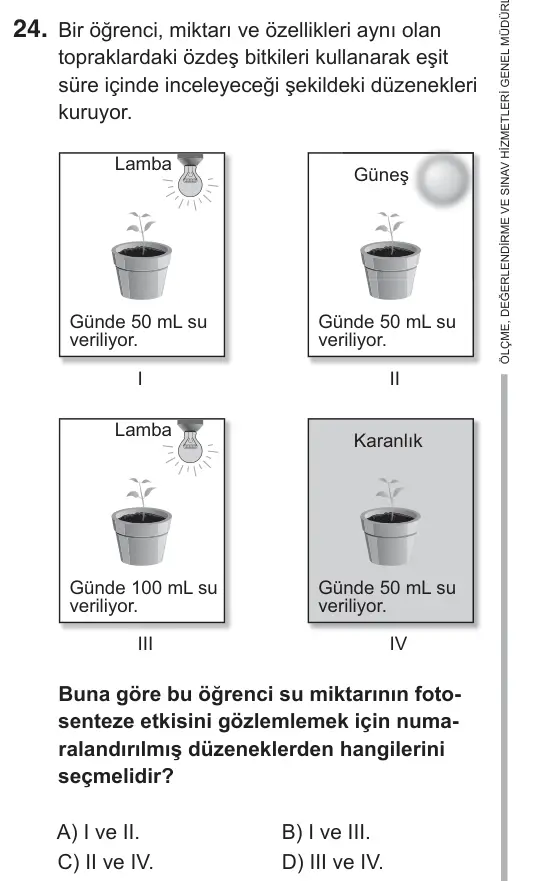 8. Sınıf Fen Bilimleri 2019 İOKBS Bursluluk Sınavı 24. Soru görseli