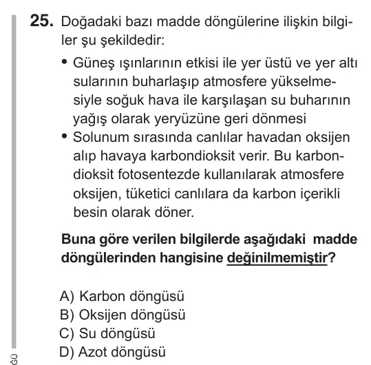 8. Sınıf Fen Bilimleri 2019 İOKBS Bursluluk Sınavı 25. Soru görseli