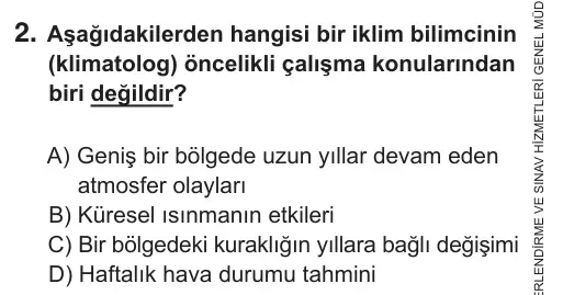8. Sınıf Fen Bilimleri 2019 İOKBS Bursluluk Sınavı 2. Soru görseli
