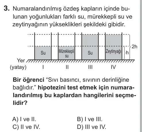 8. Sınıf Fen Bilimleri 2019 İOKBS Bursluluk Sınavı 3. Soru görseli