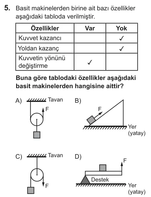 8. Sınıf Fen Bilimleri 2019 İOKBS Bursluluk Sınavı 5. Soru görseli