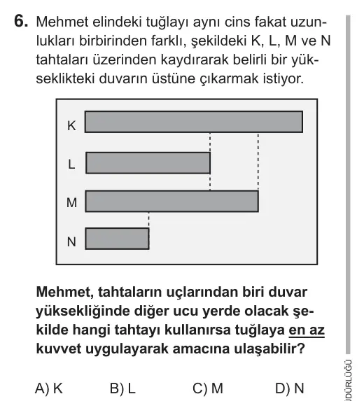 8. Sınıf Fen Bilimleri 2019 İOKBS Bursluluk Sınavı 6. Soru görseli