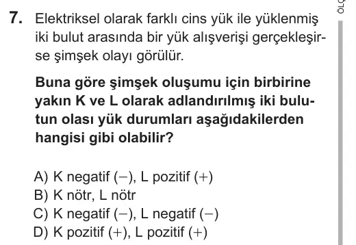 8. Sınıf Fen Bilimleri 2019 İOKBS Bursluluk Sınavı 7. Soru görseli