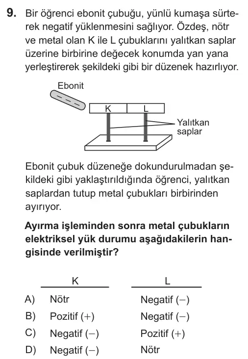 8. Sınıf Fen Bilimleri 2019 İOKBS Bursluluk Sınavı 9. Soru görseli