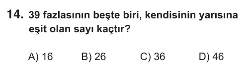 8. Sınıf Matematik 2019 İOKBS Bursluluk Sınavı 14. Soru görseli