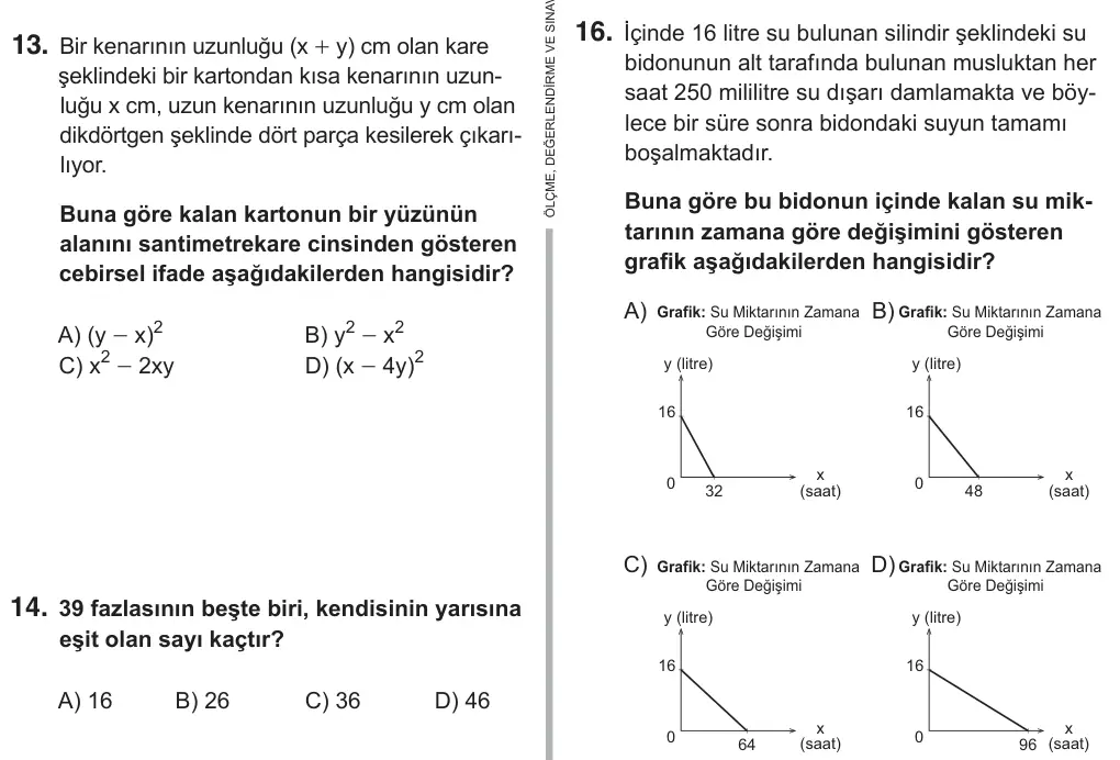 8. Sınıf Matematik 2019 İOKBS Bursluluk Sınavı 16. Soru görseli