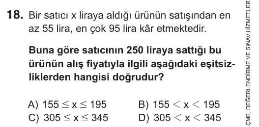 8. Sınıf Matematik 2019 İOKBS Bursluluk Sınavı 18. Soru görseli