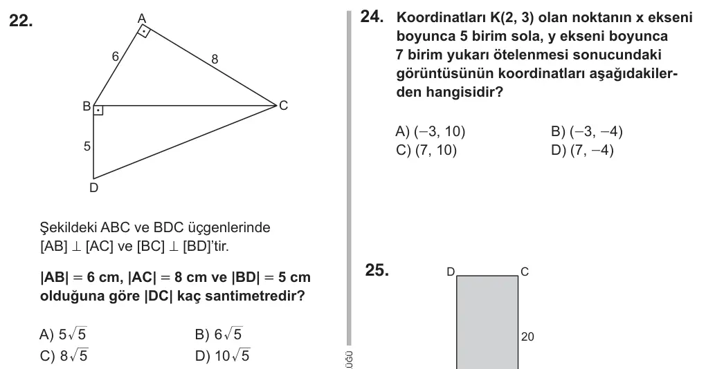 8. Sınıf Matematik 2019 İOKBS Bursluluk Sınavı 22. Soru görseli