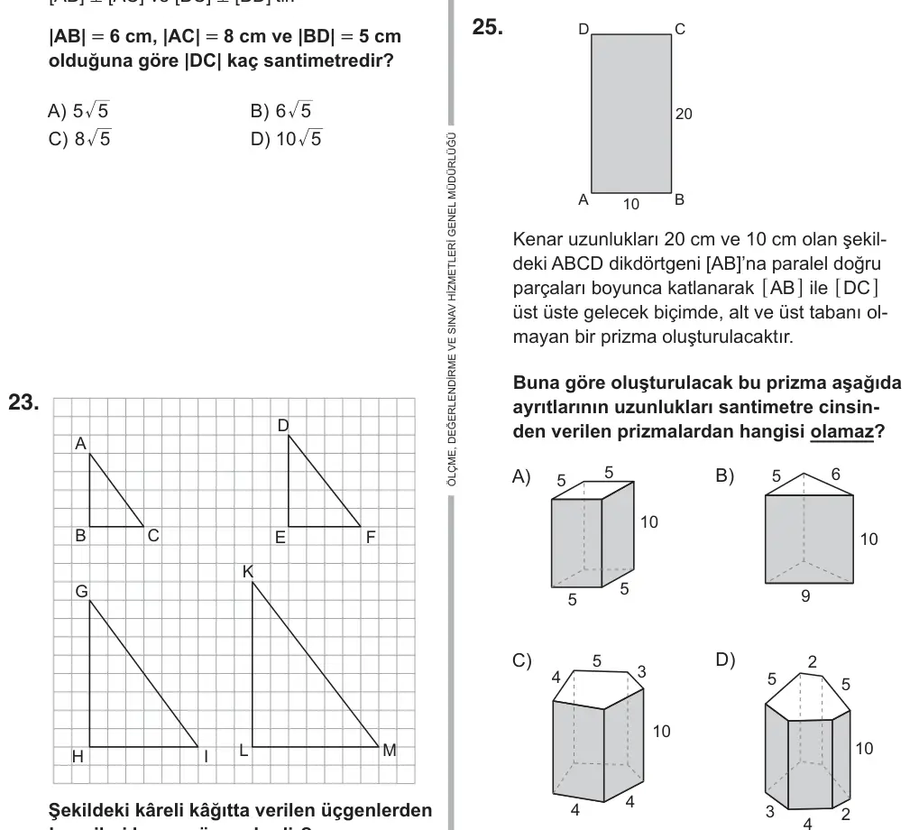 8. Sınıf Matematik 2019 İOKBS Bursluluk Sınavı 25. Soru görseli