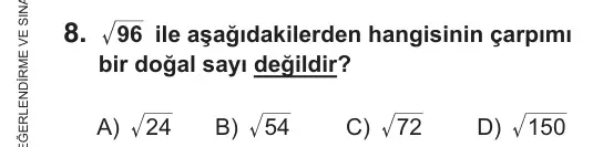 8. Sınıf Matematik 2019 İOKBS Bursluluk Sınavı 8. Soru görseli