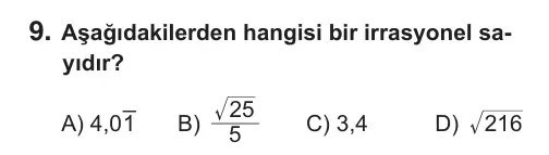 8. Sınıf Matematik 2019 İOKBS Bursluluk Sınavı 9. Soru görseli