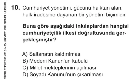 8. Sınıf Sosyal Bilgiler 2019 İOKBS Bursluluk Sınavı 10. Soru görseli