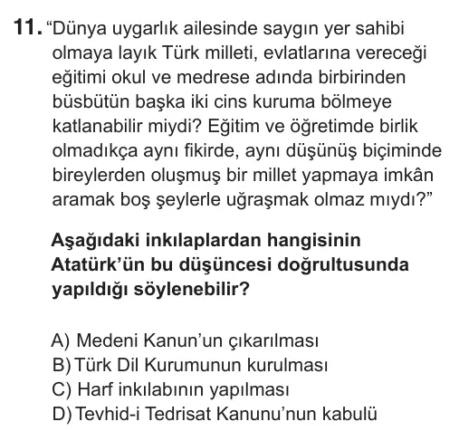 8. Sınıf Sosyal Bilgiler 2019 İOKBS Bursluluk Sınavı 11. Soru görseli