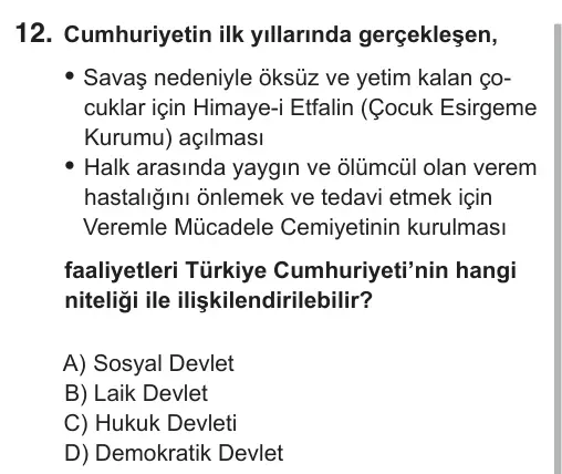 8. Sınıf Sosyal Bilgiler 2019 İOKBS Bursluluk Sınavı 12. Soru görseli