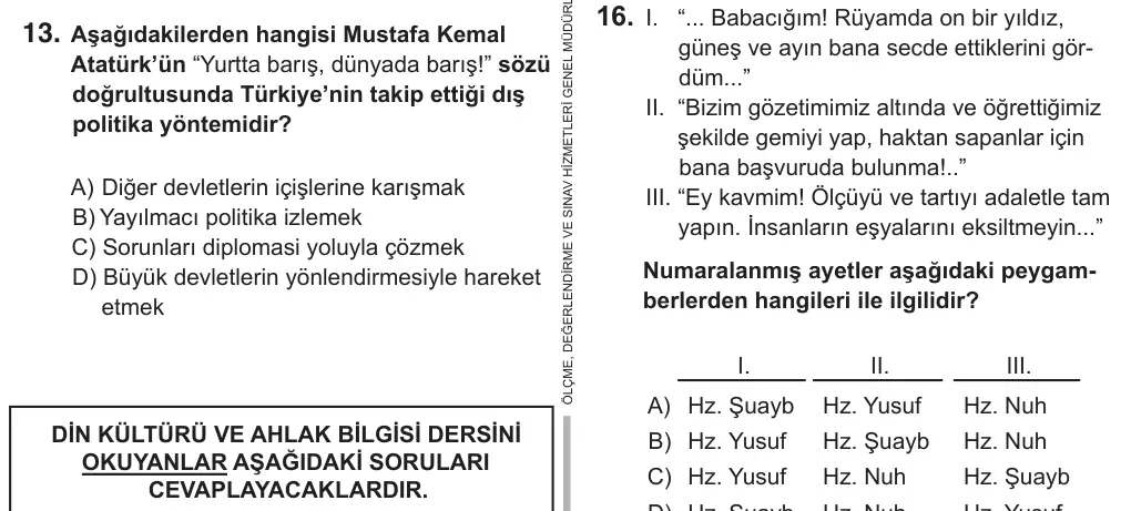 8. Sınıf Sosyal Bilgiler 2019 İOKBS Bursluluk Sınavı 13. Soru görseli