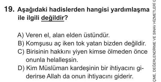 8. Sınıf Sosyal Bilgiler 2019 İOKBS Bursluluk Sınavı 19. Soru görseli