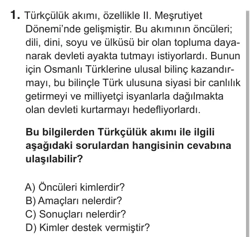 8. Sınıf Sosyal Bilgiler 2019 İOKBS Bursluluk Sınavı 1. Soru görseli