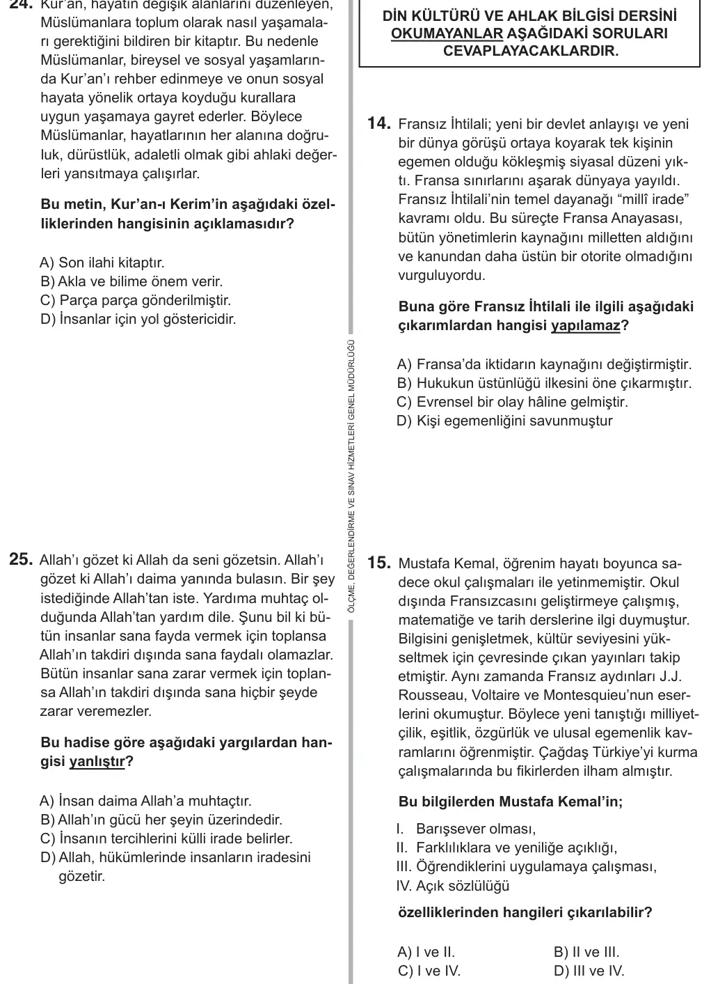 8. Sınıf Sosyal Bilgiler 2019 İOKBS Bursluluk Sınavı 25. Soru görseli (1/4)