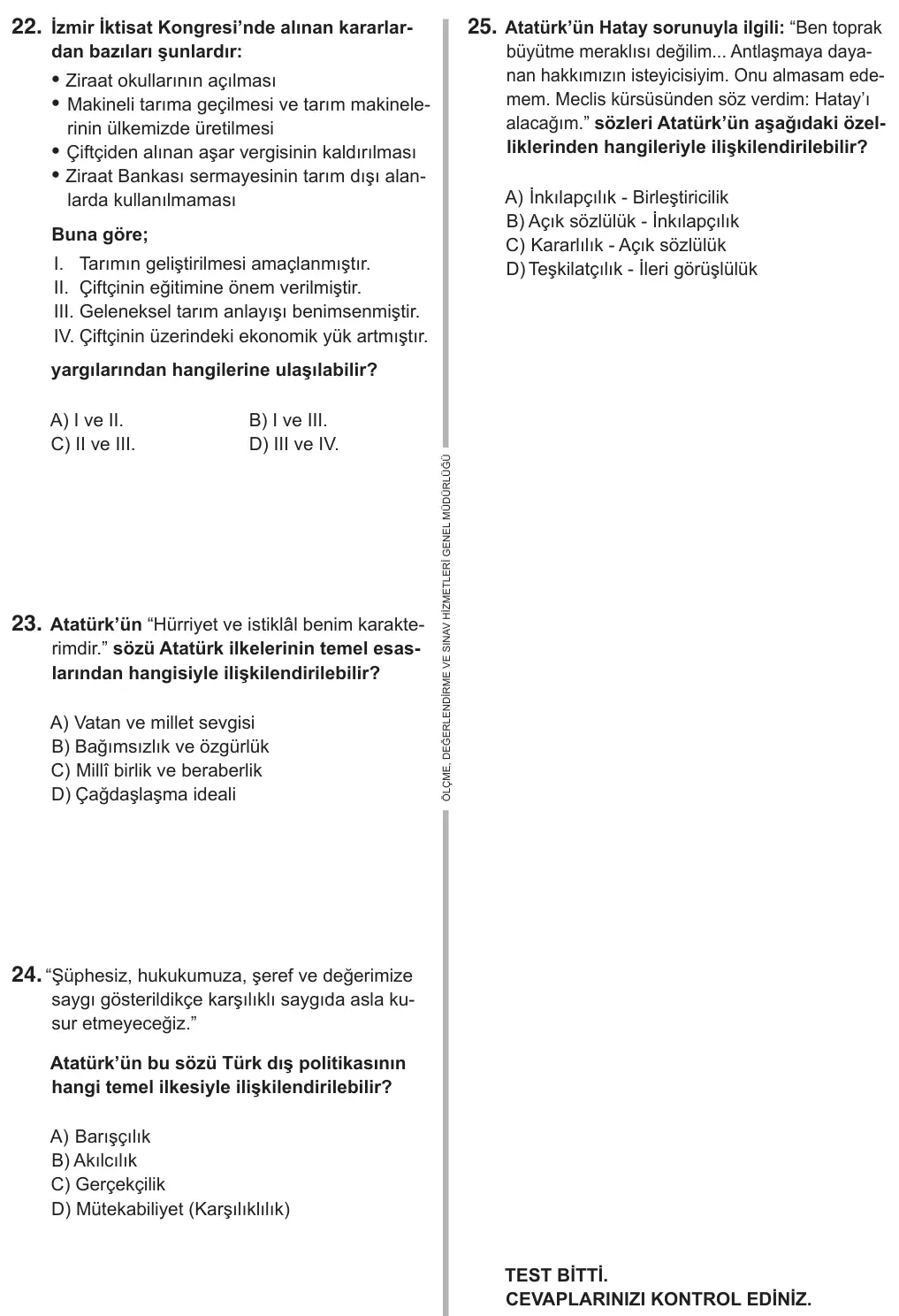 8. Sınıf Sosyal Bilgiler 2019 İOKBS Bursluluk Sınavı 25. Soru görseli (3/4)