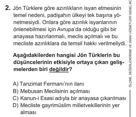 8. Sınıf Sosyal Bilgiler 2019 İOKBS Bursluluk Sınavı 2. Soru görseli