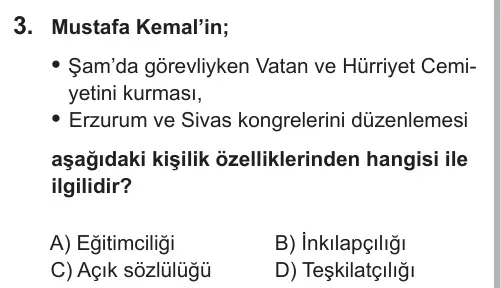 8. Sınıf Sosyal Bilgiler 2019 İOKBS Bursluluk Sınavı 3. Soru görseli