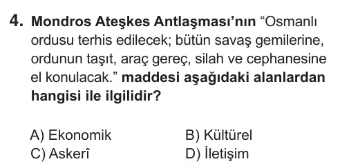 8. Sınıf Sosyal Bilgiler 2019 İOKBS Bursluluk Sınavı 4. Soru görseli