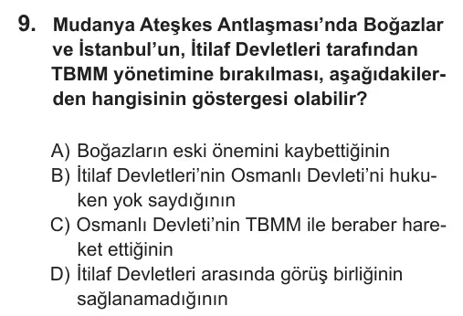 8. Sınıf Sosyal Bilgiler 2019 İOKBS Bursluluk Sınavı 9. Soru görseli