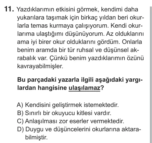8. Sınıf Türkçe 2019 İOKBS Bursluluk Sınavı 11. Soru görseli