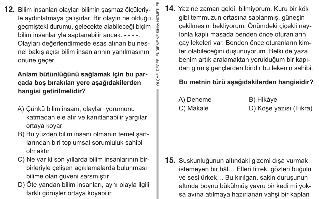 8. Sınıf Türkçe 2019 İOKBS Bursluluk Sınavı 12. Soru görseli
