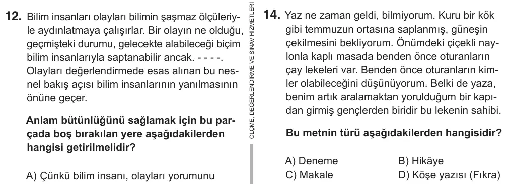 8. Sınıf Türkçe 2019 İOKBS Bursluluk Sınavı 14. Soru görseli