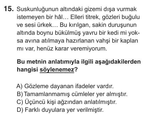 8. Sınıf Türkçe 2019 İOKBS Bursluluk Sınavı 15. Soru görseli