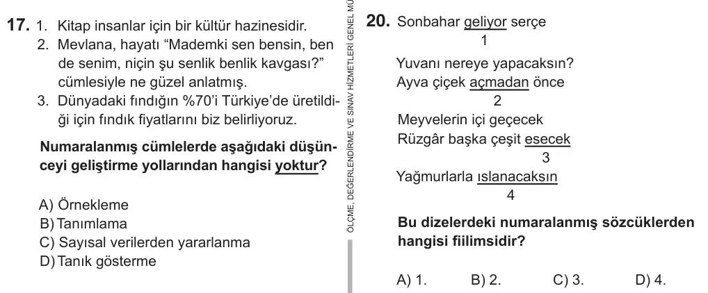 8. Sınıf Türkçe 2019 İOKBS Bursluluk Sınavı 20. Soru görseli