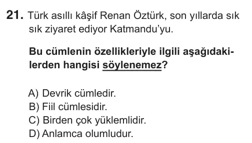 8. Sınıf Türkçe 2019 İOKBS Bursluluk Sınavı 21. Soru görseli