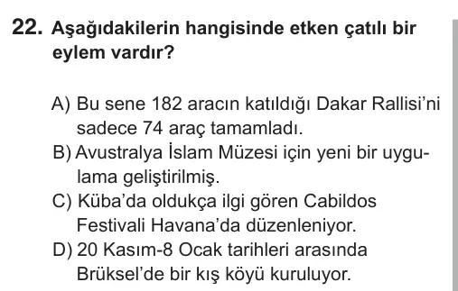 8. Sınıf Türkçe 2019 İOKBS Bursluluk Sınavı 22. Soru görseli