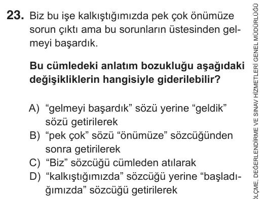 8. Sınıf Türkçe 2019 İOKBS Bursluluk Sınavı 23. Soru görseli