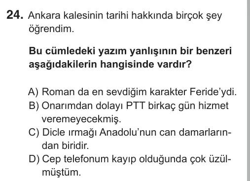 8. Sınıf Türkçe 2019 İOKBS Bursluluk Sınavı 24. Soru görseli