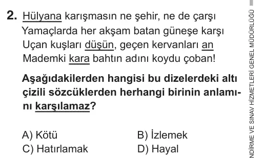 8. Sınıf Türkçe 2019 İOKBS Bursluluk Sınavı 2. Soru görseli