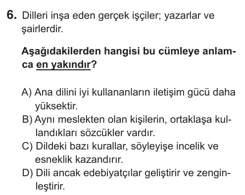 8. Sınıf Türkçe 2019 İOKBS Bursluluk Sınavı 6. Soru görseli