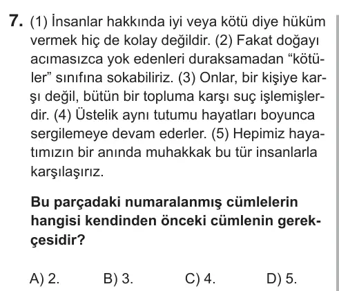 8. Sınıf Türkçe 2019 İOKBS Bursluluk Sınavı 7. Soru görseli