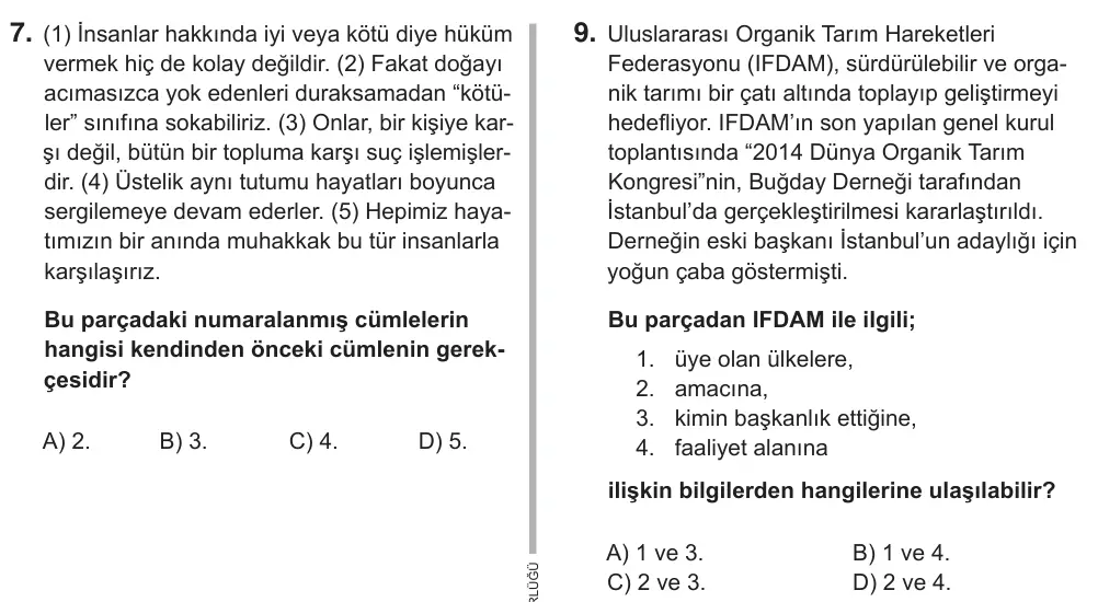 8. Sınıf Türkçe 2019 İOKBS Bursluluk Sınavı 9. Soru görseli