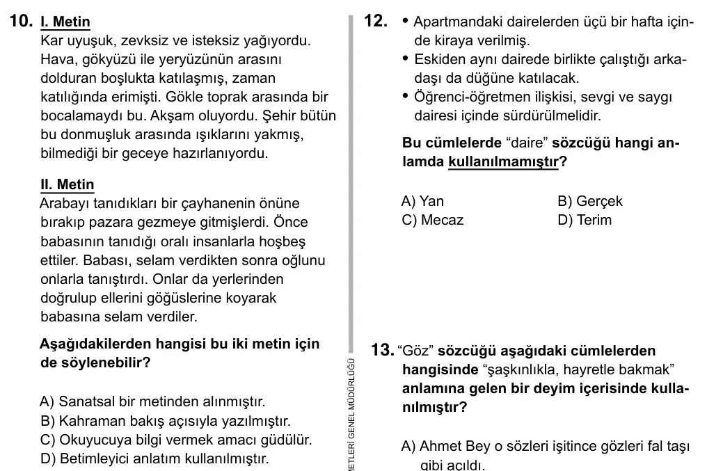 9, 10, 11. Sınıf Türk Dili ve Edebiyatı 2019 İOKBS Bursluluk Sınavı 10. Soru görseli