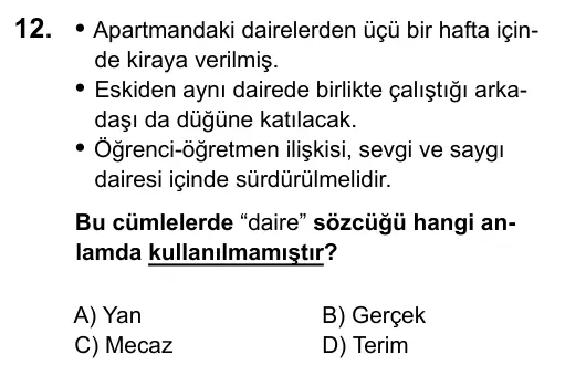 9, 10, 11. Sınıf Türk Dili ve Edebiyatı 2019 İOKBS Bursluluk Sınavı 12. Soru görseli