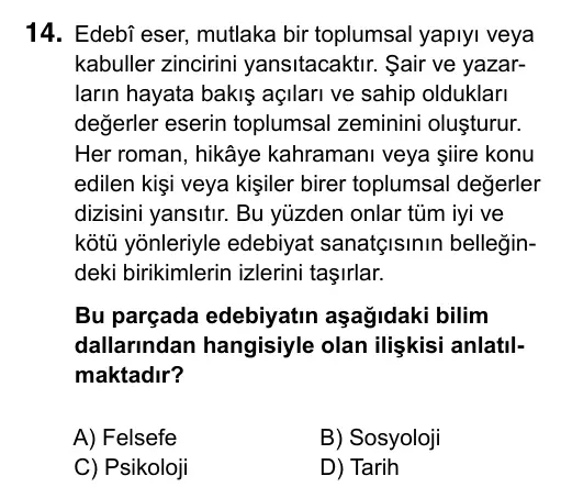 9, 10, 11. Sınıf Türk Dili ve Edebiyatı 2019 İOKBS Bursluluk Sınavı 14. Soru görseli