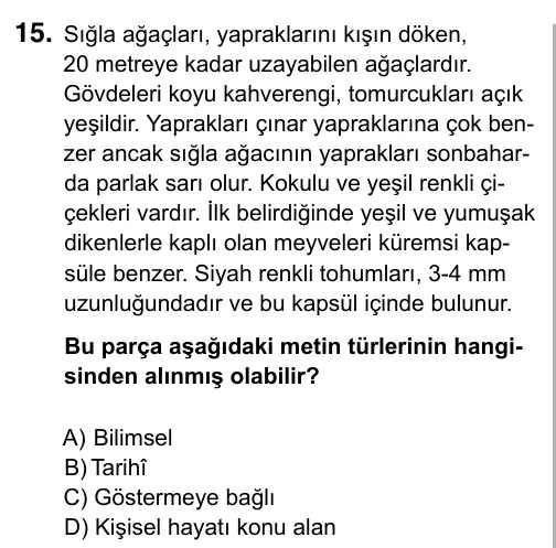 9, 10, 11. Sınıf Türk Dili ve Edebiyatı 2019 İOKBS Bursluluk Sınavı 15. Soru görseli