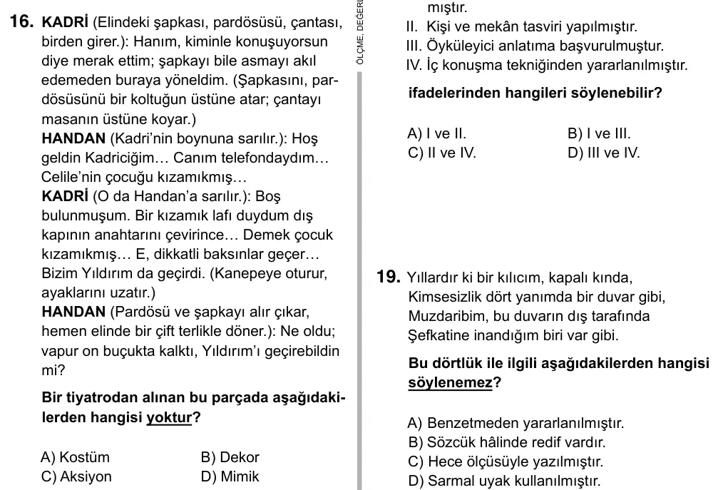 9, 10, 11. Sınıf Türk Dili ve Edebiyatı 2019 İOKBS Bursluluk Sınavı 16. Soru görseli